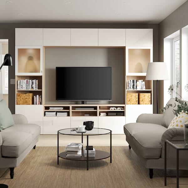 Ikea BESTÅ - TV/glass combination, oak effect with white stain/Selsviken glossy/white frosted glass,300x42x231 cm