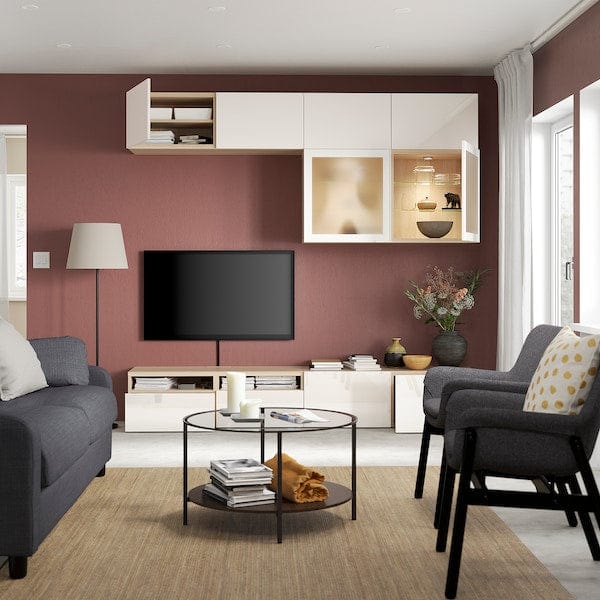 Ikea BESTÅ - TV/glass combination, oak effect with white stain/Selsviken glossy/white frosted glass,240x42x231 cm