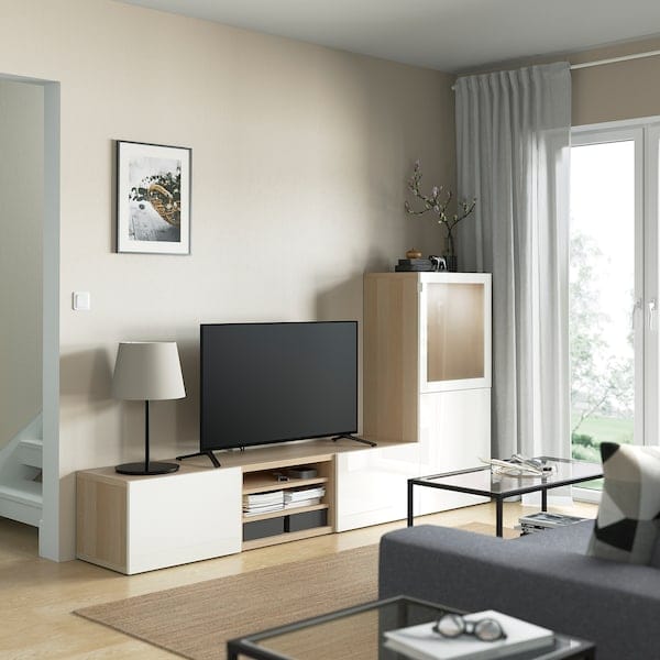 Ikea BESTÅ - TV/glass combination, oak effect with white stain/Selsviken glossy/white frosted glass,240x42x129 cm