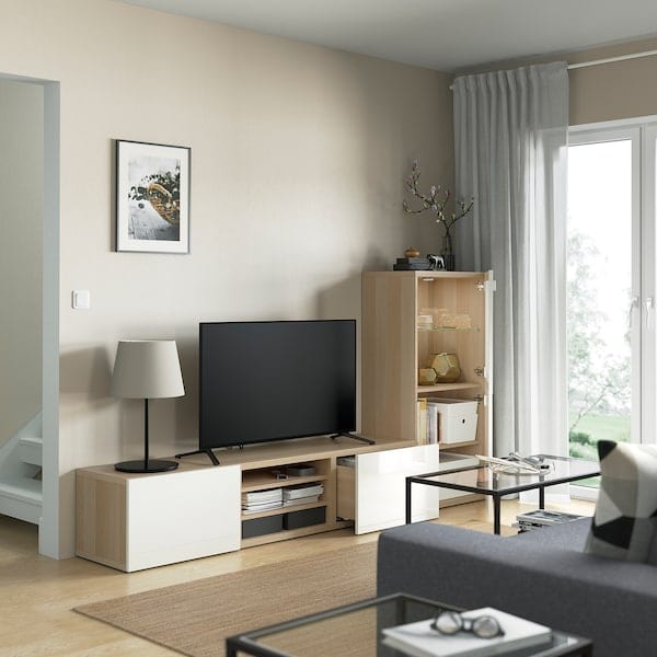 Ikea BESTÅ - TV/glass combination, oak effect with white stain/Selsviken glossy/white frosted glass,240x42x129 cm