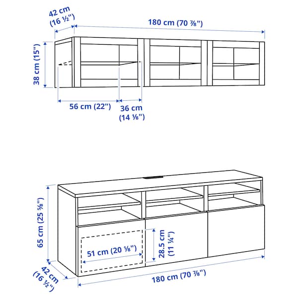 Ikea BESTÅ - TV storage combination/glass doors, white stained oak effect/Selsviken high-gloss/white frosted glass, 180x42x192 cm