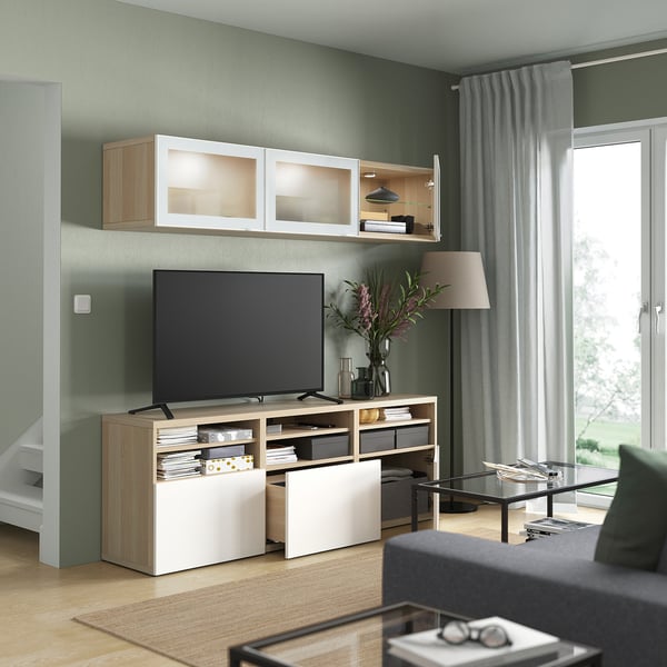 BESTÅ - BESTÅ TV storage combination/glass doors, white stained oak effect/Selsviken high-gloss/white frosted glass, 180x42x192 cm