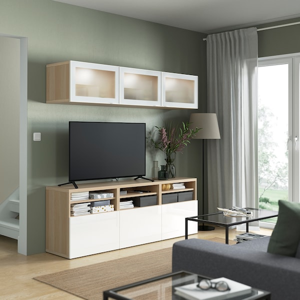 BESTÅ - TV storage combination/glass doors, white stained oak effect/Selsviken high-gloss/white frosted glass, 180x42x192 cm