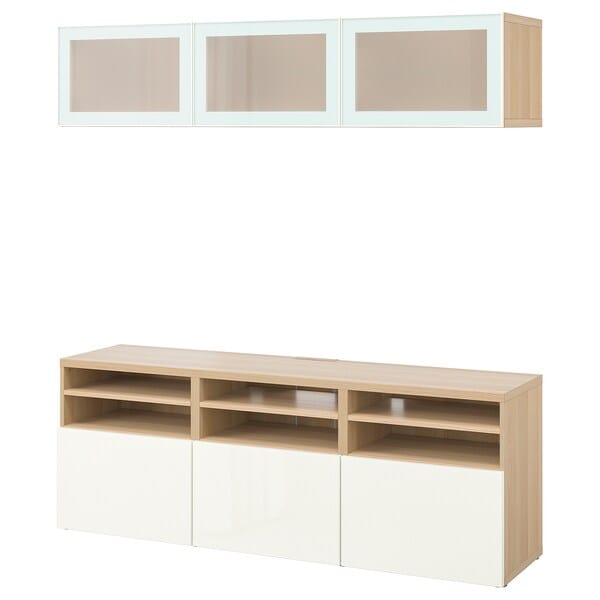 Ikea BESTÅ - TV storage combination/glass doors, white stained oak effect/Selsviken high-gloss/white frosted glass, 180x42x192 cm