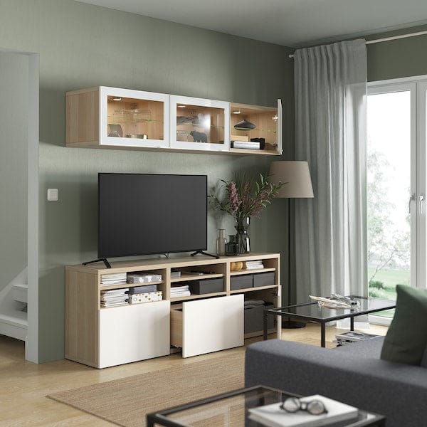 Ikea BESTÅ - TV storage combination/glass doors, white stained oak effect/Selsviken high-gloss/white clear glass, 180x42x192 cm
