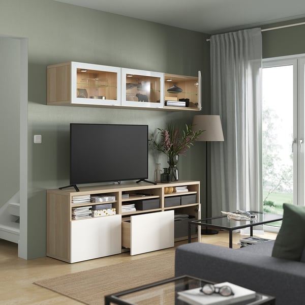 BESTÅ TV storage combination/glass doors, white stained oak effect/Selsviken high-gloss/white clear glass, 180x42x192 cm