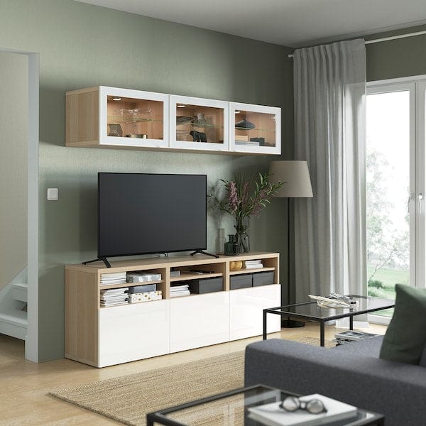 Ikea BESTÅ - TV storage combination/glass doors, white stained oak effect/Selsviken high-gloss/white clear glass, 180x42x192 cm