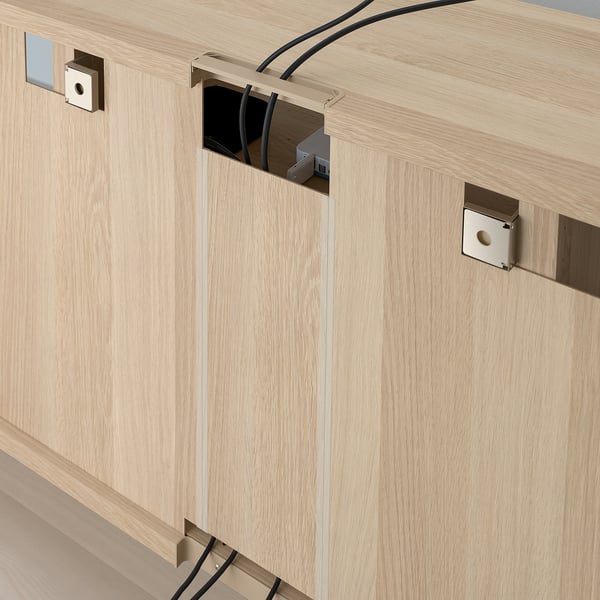 BESTÅ TV storage combination/glass doors, white stained oak effect Sindvik/Hanviken white stained oak eff clear glass, 300x42x231 cm