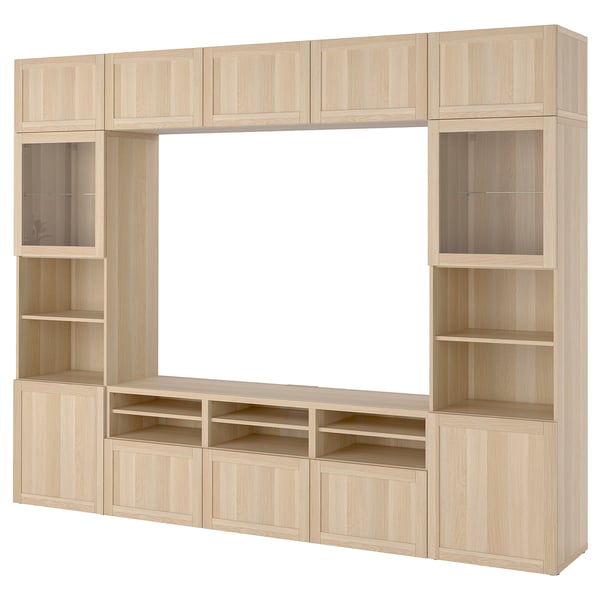 BESTÅ TV storage combination/glass doors, white stained oak effect Sindvik/Hanviken white stained oak eff clear glass, 300x42x231 cm