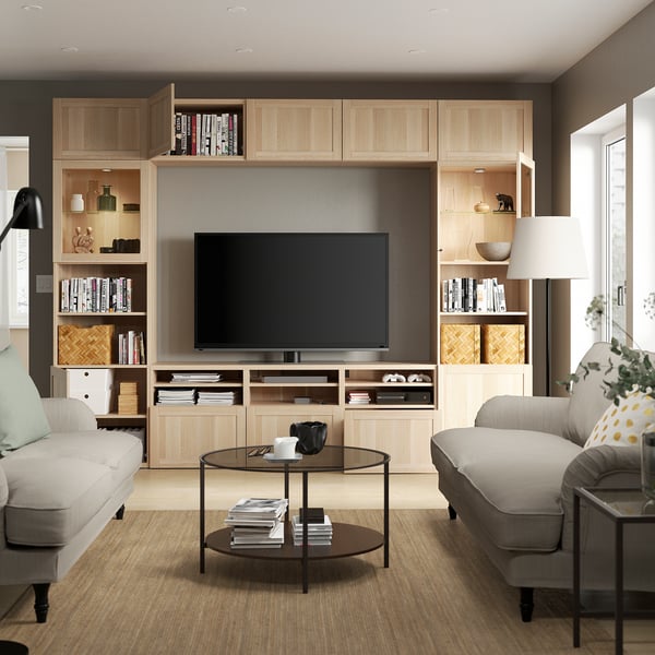 BESTÅ TV storage combination/glass doors, white stained oak effect Sindvik/Hanviken white stained oak eff clear glass, 300x42x231 cm