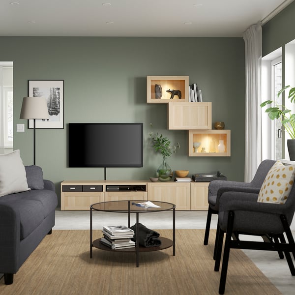 BESTÅ Combination TV/glass doors - oak effect with white mordant Sindvik/Hanviken white oak effect glass 240x42x190 cm ,