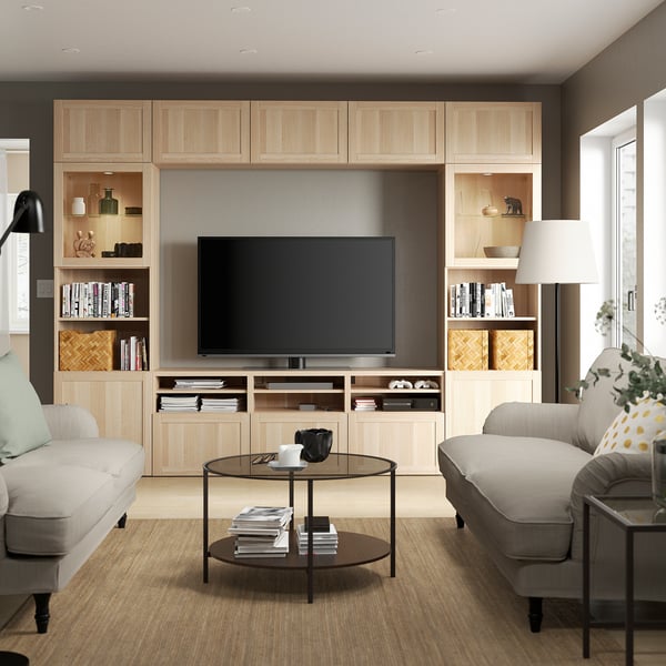 BESTÅ TV storage combination/glass doors, white stained oak effect Sindvik/Hanviken white stained oak eff clear glass, 300x42x231 cm
