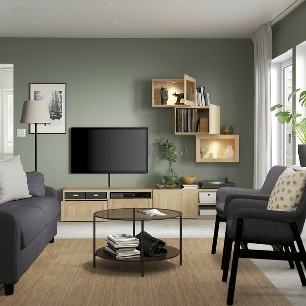 BESTÅ Combination TV/glass doors - oak effect with white mordant Sindvik/Hanviken white oak effect glass 240x42x190 cm ,