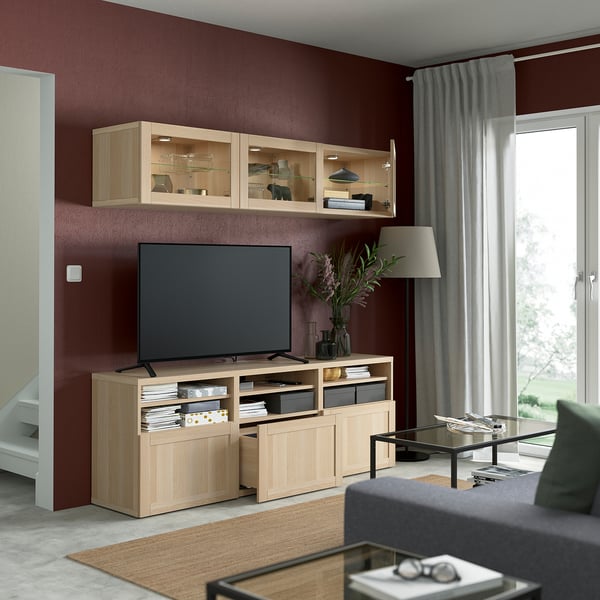 BESTÅ TV storage combination/glass doors, white stained oak effect Sindvik/Hanviken white stained oak eff clear glass, 180x42x192 cm
