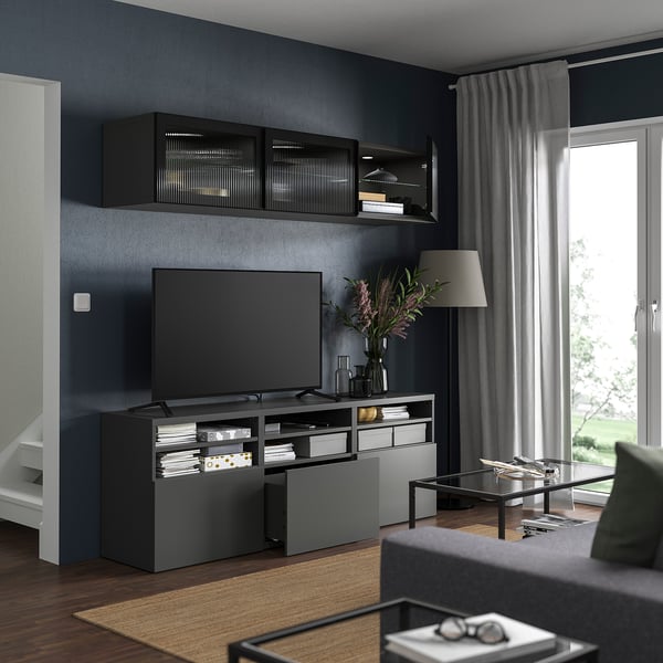 BESTÅ - BESTÅ TV storage combination/glass doors, dark grey Lappviken/Fällsvik anthracite, 180x42x192 cm