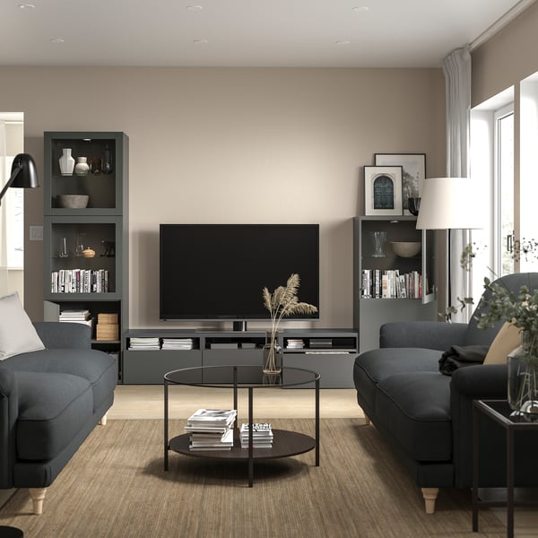 BESTÅ - BESTÅ TV storage combination/glass doors, dark grey Lappviken/Sindvik dark grey, 300x42x193 cm