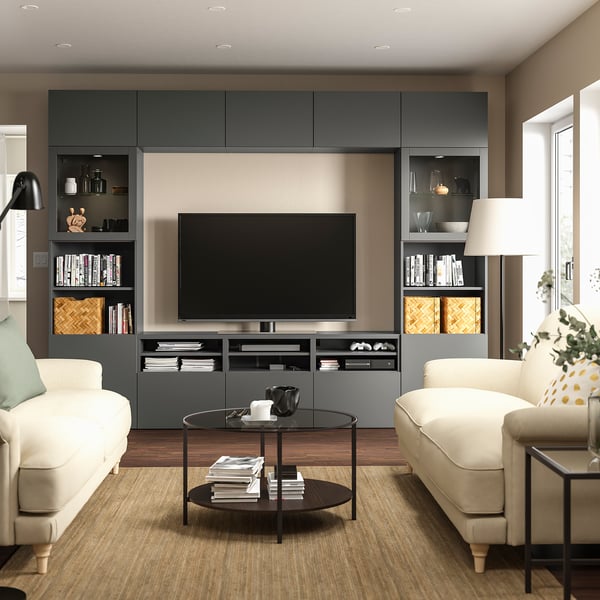 BESTÅ - BESTÅ TV storage combination/glass doors, dark grey Lappviken/Sindvik dark grey, 300x42x231 cm