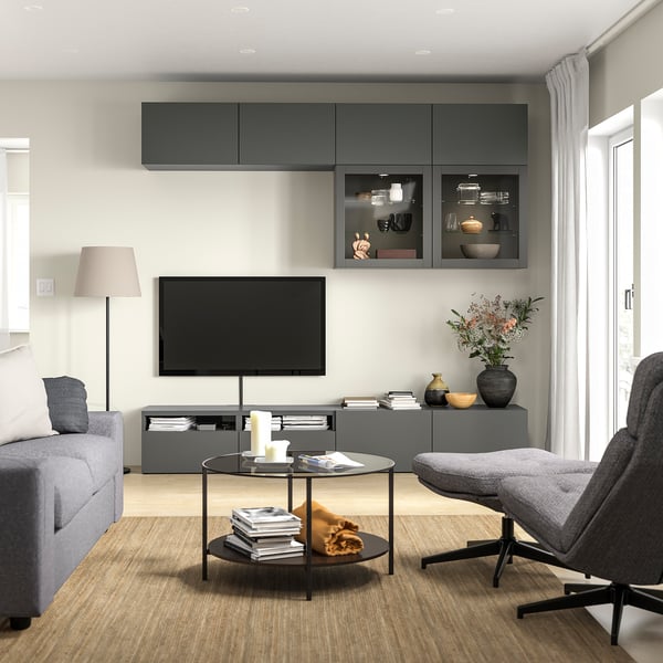BESTÅ - BESTÅ TV storage combination/glass doors, dark grey Lappviken/Sindvik dark grey, 240x42x231 cm