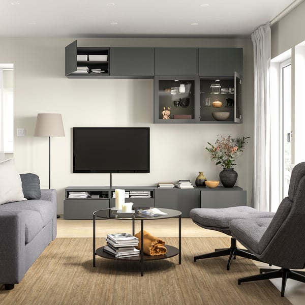 BESTÅ - BESTÅ TV storage combination/glass doors, dark grey Lappviken/Sindvik dark grey, 240x42x231 cm