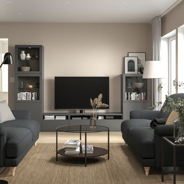 BESTÅ - BESTÅ TV storage combination/glass doors, dark grey Lappviken/Sindvik dark grey, 300x42x193 cm