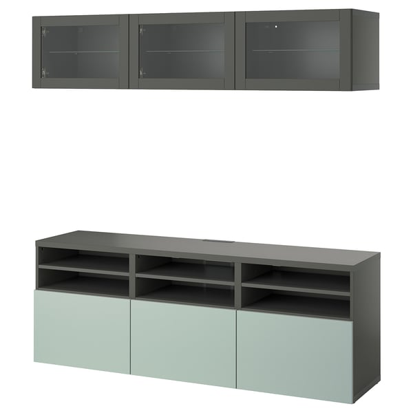 BESTÅ TV storage combination/glass doors, dark grey Sindvik/Hjortviken pale grey-green, 180x42x192 cm