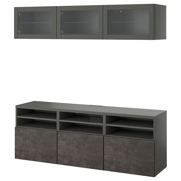 BESTÅ TV storage combination/glass doors, dark grey Sindvik/Kallviken dark grey, 180x42x192 cm