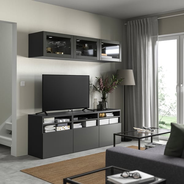 BESTÅ - BESTÅ TV storage combination/glass doors, dark grey Sindvik/Lappviken dark grey, 180x42x192 cm
