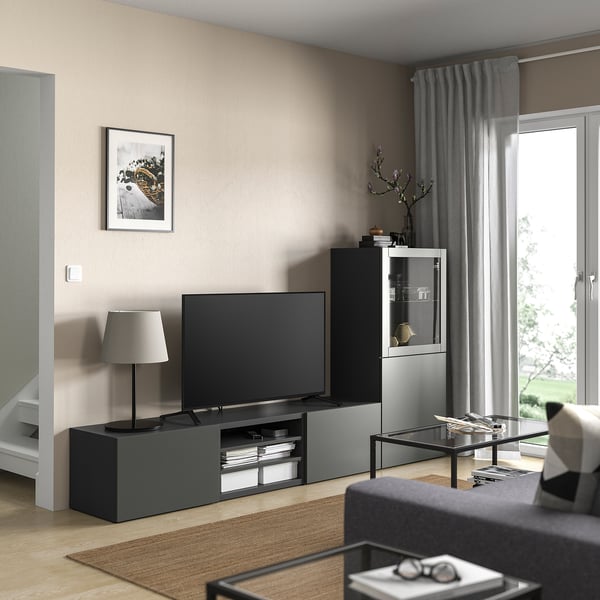 BESTÅ - BESTÅ TV storage combination/glass doors, dark grey Sindvik/Lappviken dark grey, 240x42x129 cm