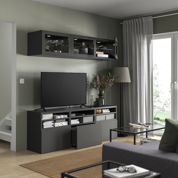 BESTÅ - TV storage combination/glass doors, dark grey Sindvik/Västerviken dark grey, 180x42x192 cm