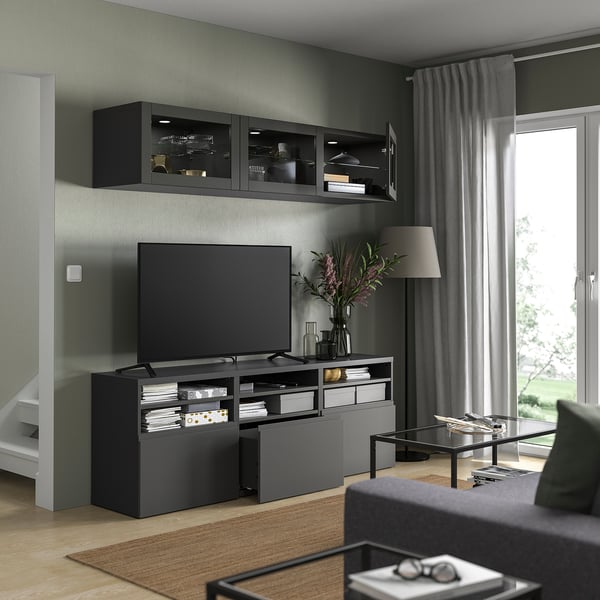 BESTÅ - BESTÅ TV storage combination/glass doors, dark grey Sindvik/Västerviken dark grey, 180x42x192 cm