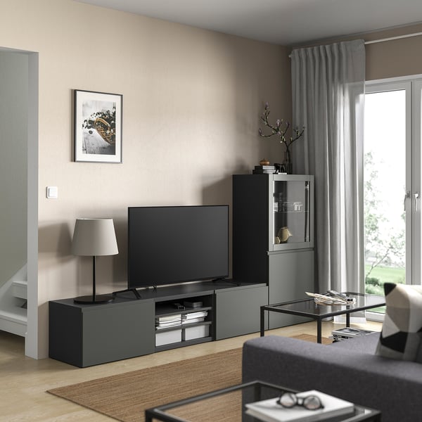 BESTÅ - BESTÅ TV storage combination/glass doors, dark grey Sindvik/Västerviken dark grey, 240x42x129 cm