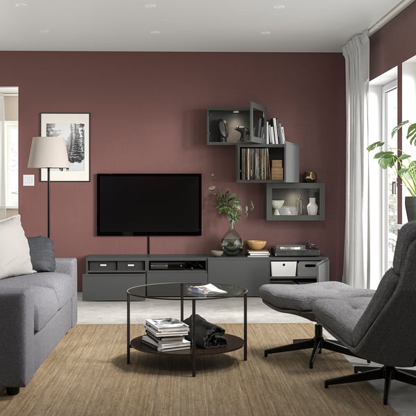 BESTÅ - BESTÅ TV storage combination/glass doors, dark grey Västerviken/Sindvik dark grey, 240x42x190 cm