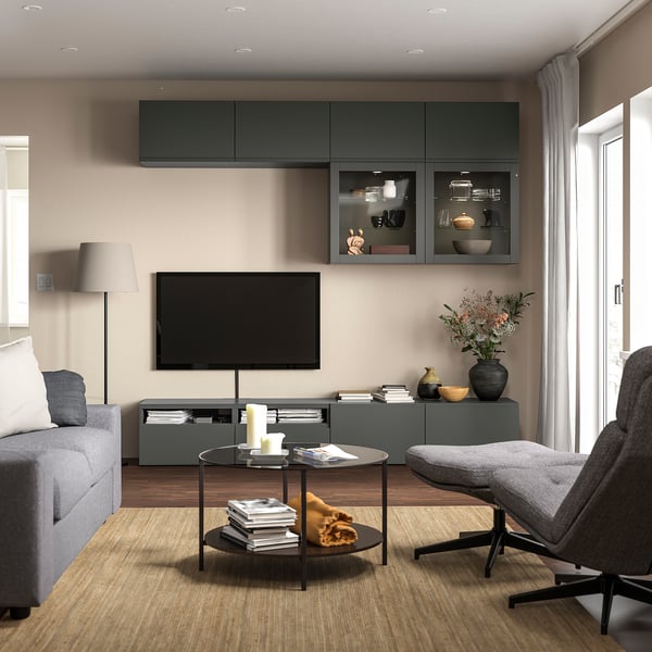 BESTÅ - BESTÅ TV storage combination/glass doors, dark grey Västerviken/Sindvik dark grey, 240x42x231 cm