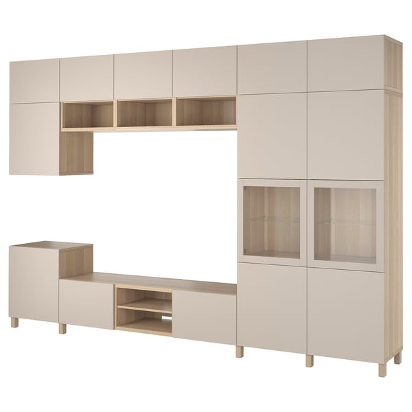 BESTÅ TV storage combination/glass doors, white stained oak veneer Lappviken/Sindvik light grey-beige, 360x42x240 cm
