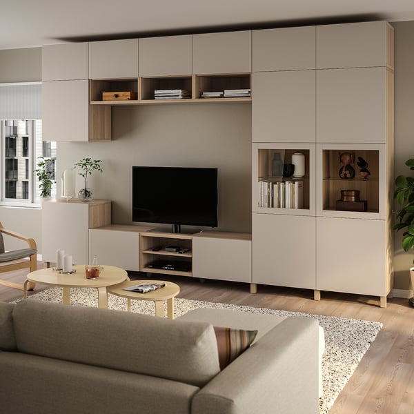 BESTÅ TV storage combination/glass doors, white stained oak veneer Lappviken/Sindvik light grey-beige, 360x42x240 cm