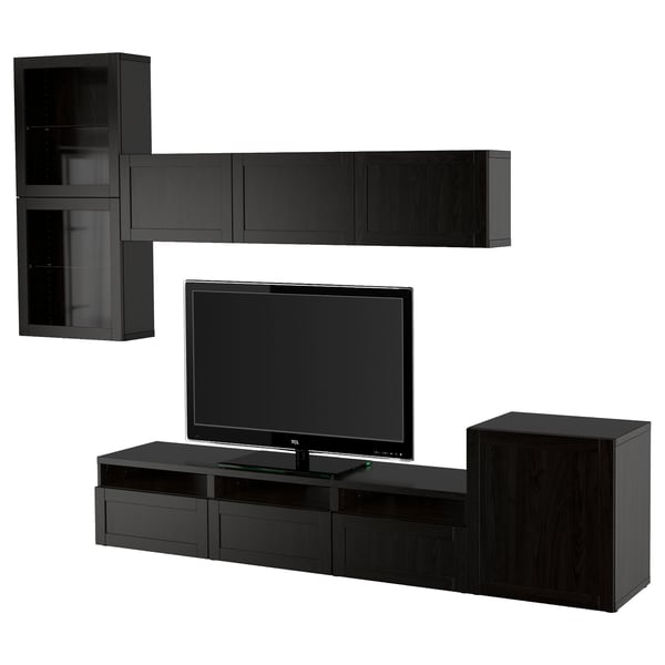 BESTÅ TV storage combination/glass doors, black-brown/Hanviken black-brown clear glass, 300x42x211 cm