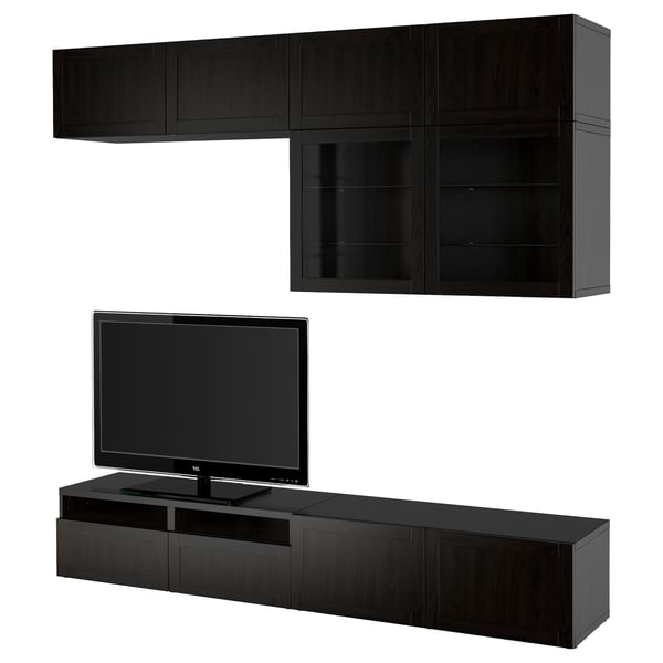 BESTÅ TV storage combination/glass doors, black-brown/Hanviken black-brown clear glass, 240x42x231 cm
