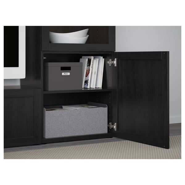 BESTÅ TV storage combination/glass doors, black-brown/Hanviken black-brown clear glass, 240x42x129 cm
