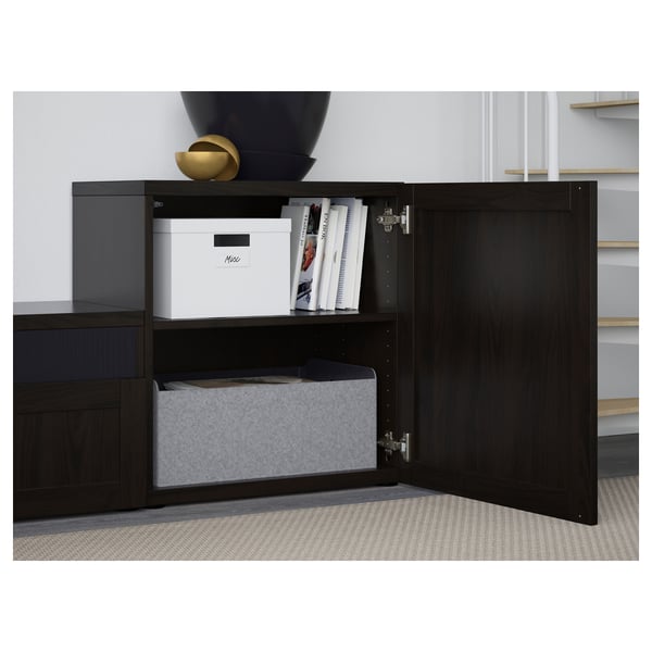 BESTÅ TV storage combination/glass doors, black-brown/Hanviken black-brown clear glass, 300x42x211 cm