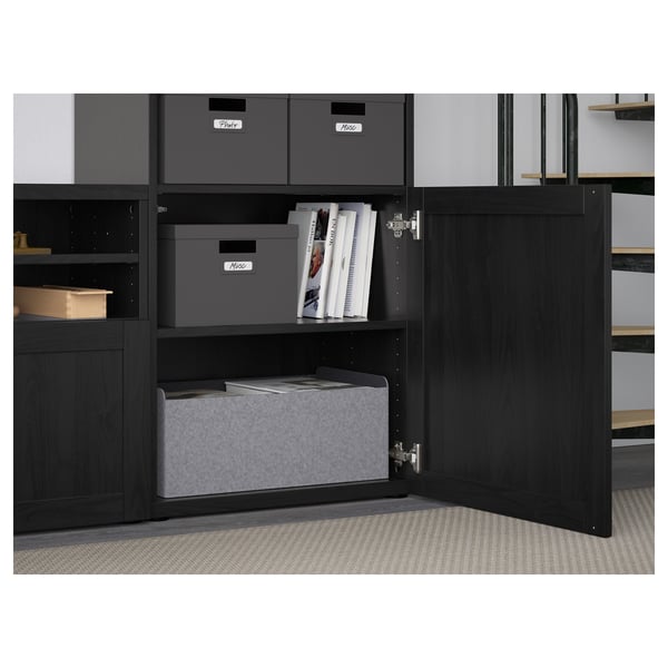 BESTÅ TV storage combination/glass doors, black-brown/Hanviken black-brown clear glass, 300x42x231 cm