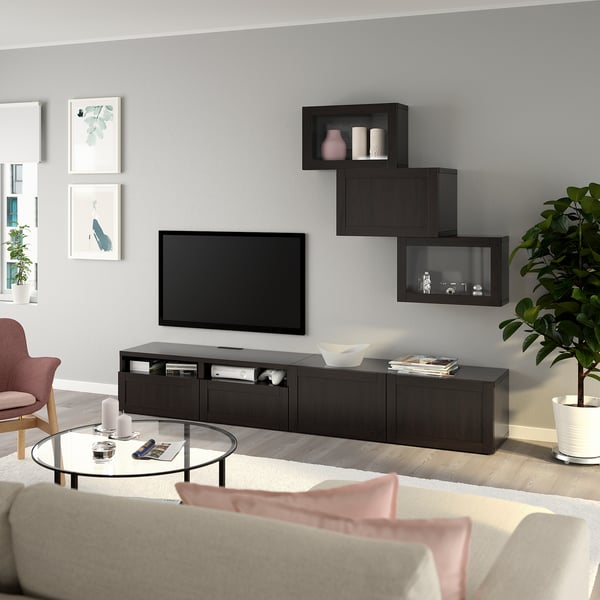 BESTÅ TV storage combination/glass doors, black-brown/Hanviken black-brown clear glass, 240x42x190 cm