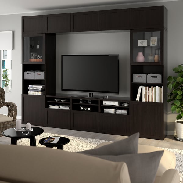 BESTÅ TV storage combination/glass doors, black-brown/Hanviken black-brown clear glass, 300x42x231 cm