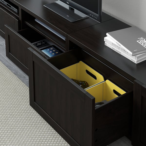 BESTÅ TV storage combination/glass doors, black-brown/Hanviken black-brown clear glass, 240x42x231 cm