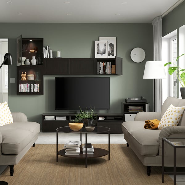 BESTÅ - TV set/glass combination, brown-black/Hanviken transparent glass brown-black, 300x42x211 cm