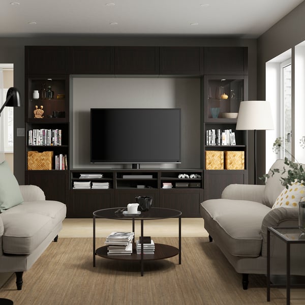 BESTÅ TV storage combination/glass doors, black-brown/Hanviken black-brown clear glass, 300x42x231 cm