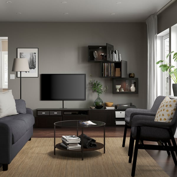 BESTÅ TV storage combination/glass doors, black-brown/Hanviken black-brown clear glass, 240x42x190 cm