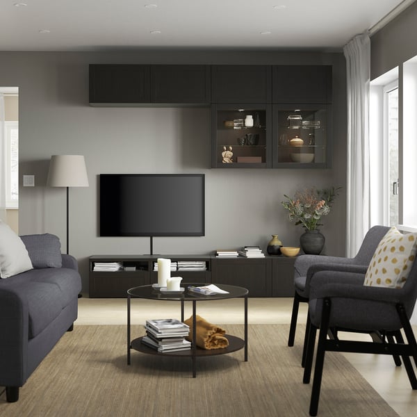 BESTÅ TV storage combination/glass doors, black-brown/Hanviken black-brown clear glass, 240x42x231 cm