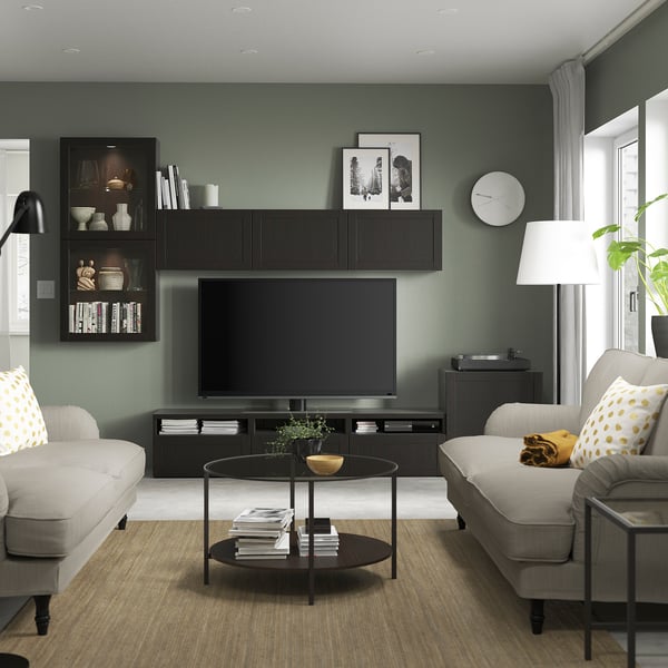 BESTÅ TV storage combination/glass doors, black-brown/Hanviken black-brown clear glass, 300x42x211 cm