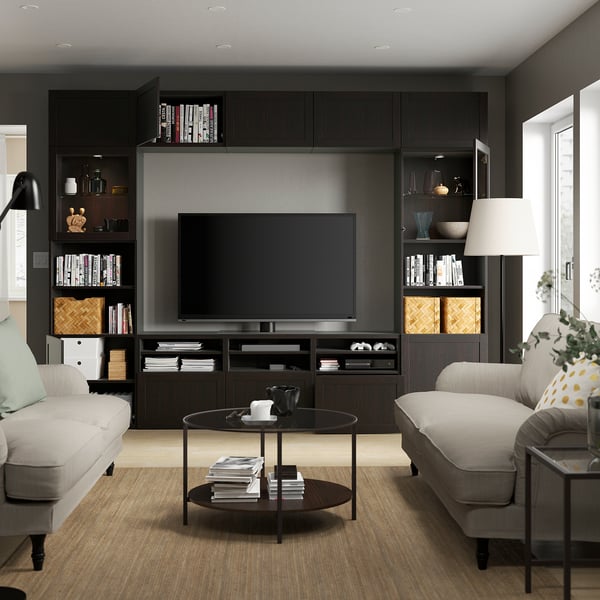 BESTÅ TV storage combination/glass doors, black-brown/Hanviken black-brown clear glass, 300x42x231 cm