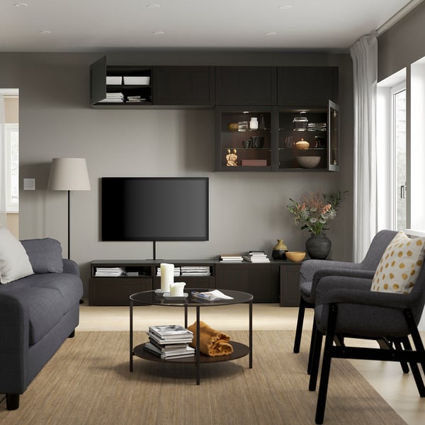 BESTÅ TV storage combination/glass doors, black-brown/Hanviken black-brown clear glass, 240x42x231 cm